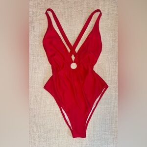 Cupshe Red Deep V Ring Cutout One Piece Swimsuit Large